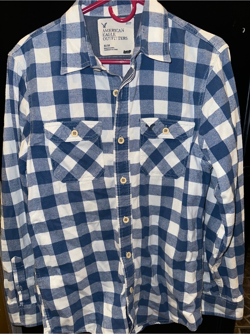 American Eagle Outfitters Navy and White Checked Button-Down Shirt